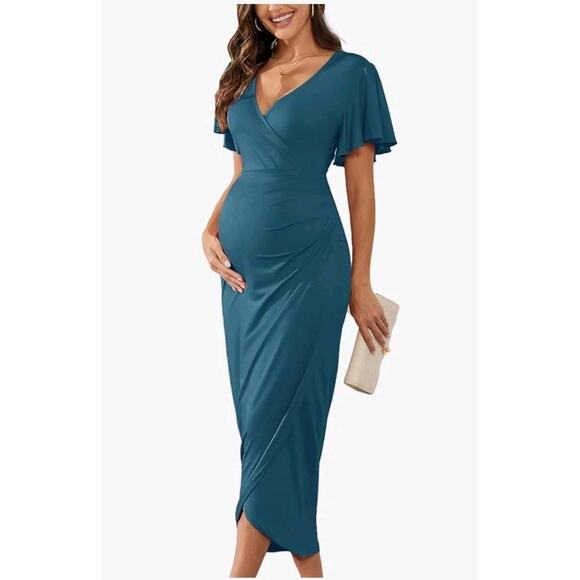 Maternity Wrap Dress Peacock Blue Short Sleeve V Neck Pregnancy Gown 2XL - Picture 1 of 2